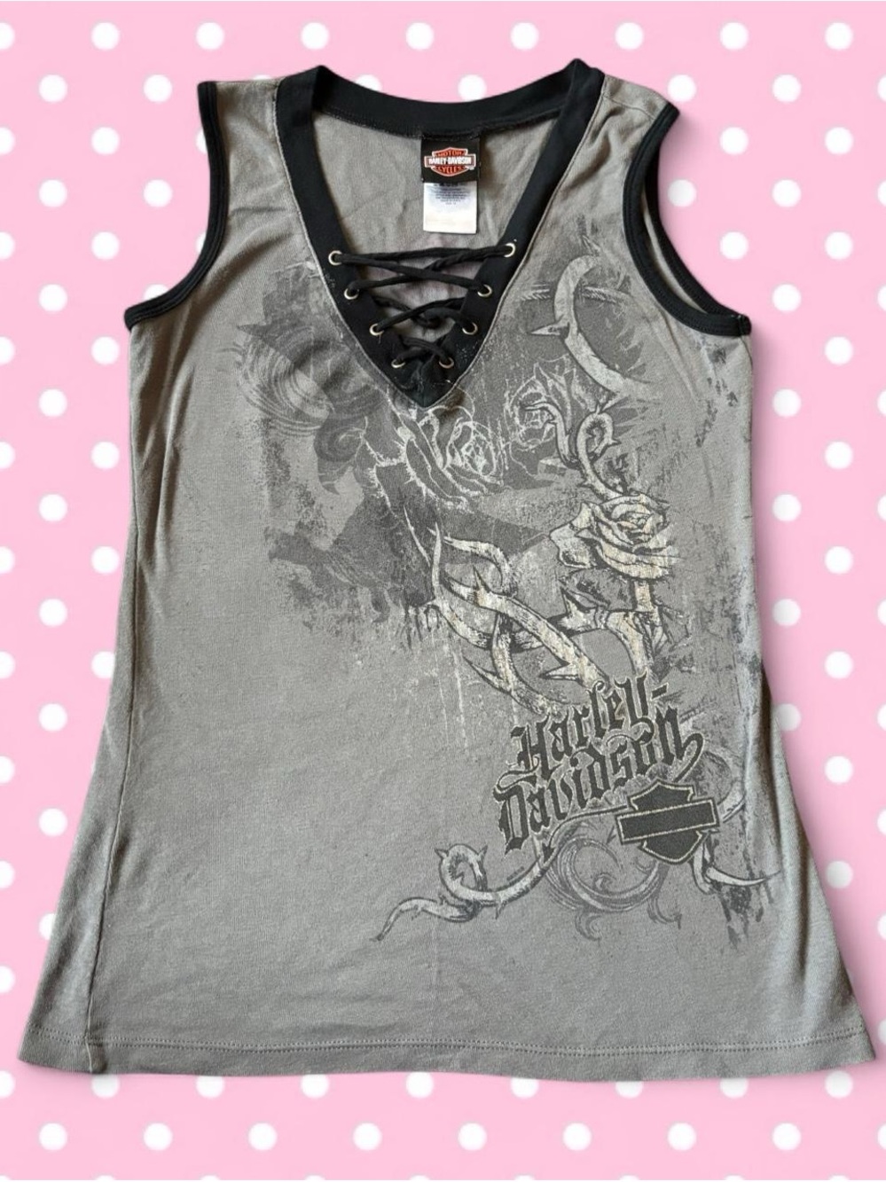 Harley-Davidson Gray Lace-Up V-Neck Tank with Black Trim